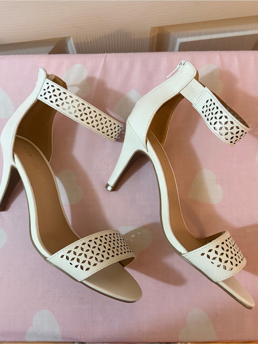 Lane Bryant Ivory Cream Laser Cut Ankle Strap Heels Size 8W